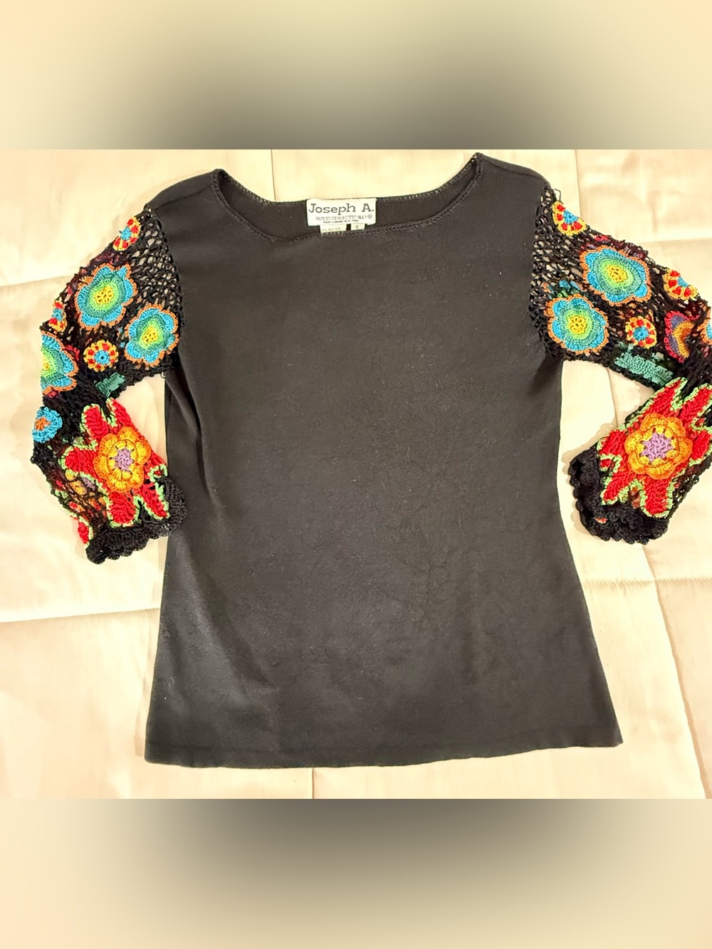 Joseph A. Silk blend black boho chic boat neck shirt top rainbow crochet sleeves